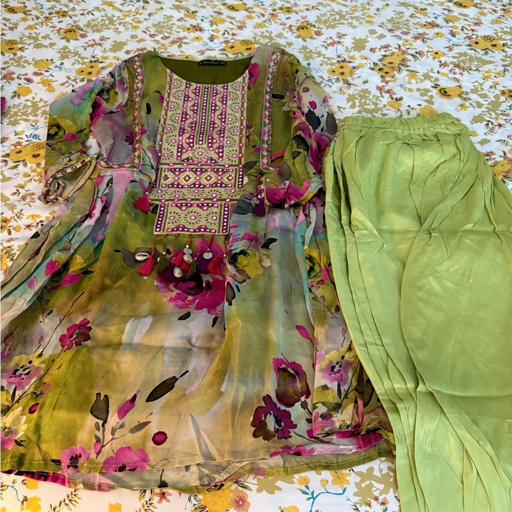 Floral Multicolor Kurta with Green Pants